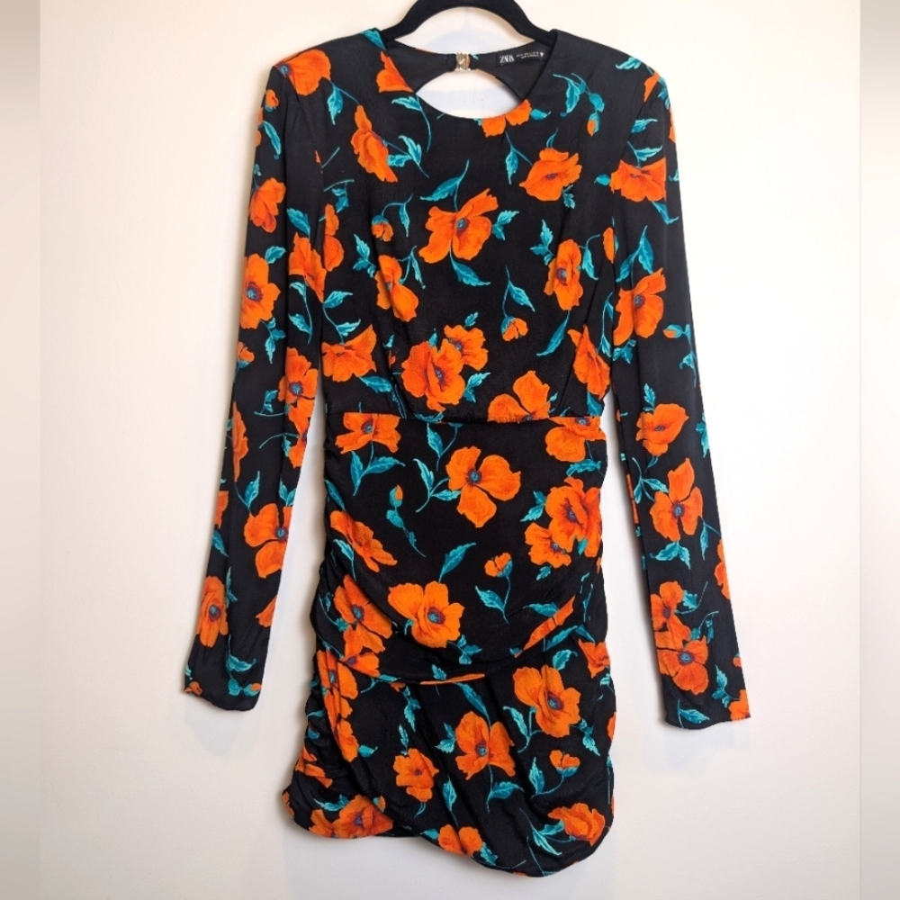 Zara Black Orange Floral Open Back Mini Dress Long Sleeve Date Night Size Small